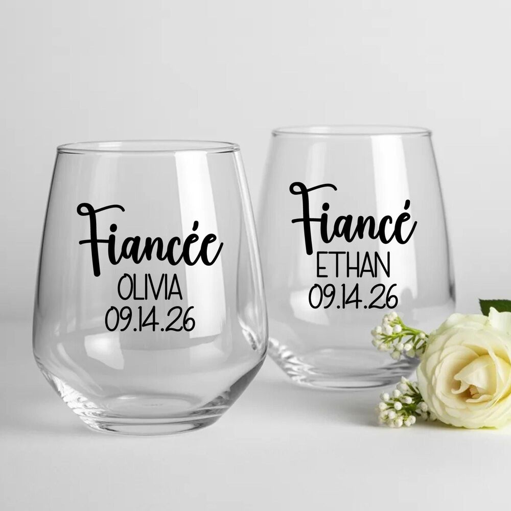 Personalized Fiance Fiancee Wine Glass Set Engagement Gift for Couple